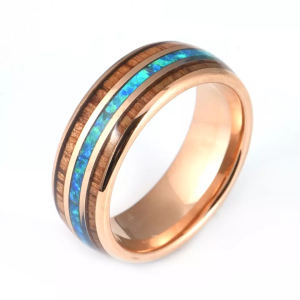 Tungsten Carbide Ring for Men, Dome Wedding Band, Opal Inlay Wedding Ring, Wooden Ring
