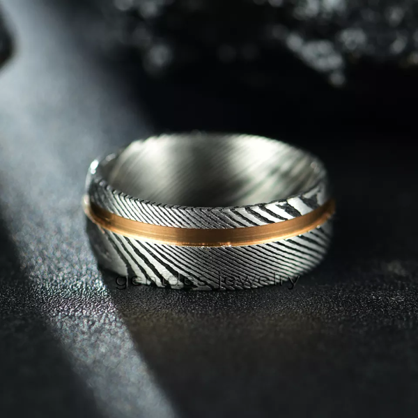Damascus Ring, Special Texture Ring, Silver And Black Ring, Wedding Rings, Comfort Fit 8MM, Engagement Bands - 图片 5