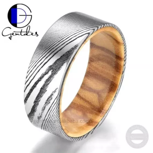Olive Wood Ring, Damascus Steel Ring, Wood Ring, Wedding Bands Ring, Comfort Fit 8MM, Engagement Bands For Men