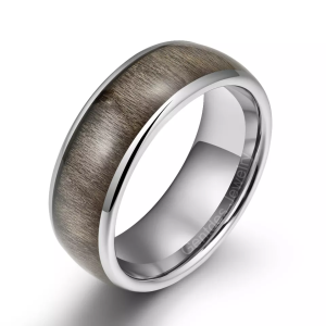 Tungsten Ring Men Wedding Band, Bird Eye Maple Ring, 8MM Silver Ring, Beveled Edge, High Polish, Mens Engagement Bands