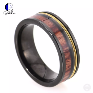 Custom Wood Wedding Ring, Guitar String Inlay Black Tungsten Band, Comfort Fit, High Polish, Mens Ring