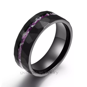 Hammered Brushed Tungsten Band, Purple White Stone Mens Rings,  Black Wedding Ring, 8MM Tungsten Rings