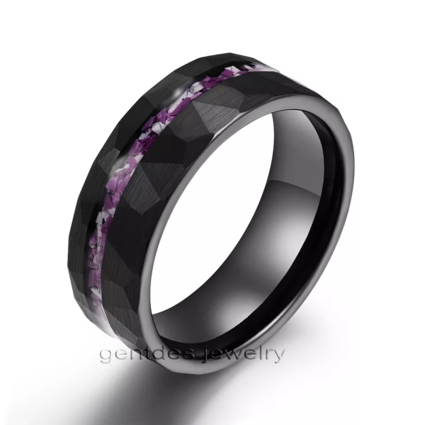 Hammered Brushed Tungsten Band, Purple White Stone Mens Rings,  Black Wedding Ring, 8MM Tungsten Rings