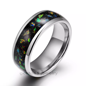 Tungsten Wedding Ring, Comfort Fit, High Polish, Colored Opal Inlay, Wedding Band Man