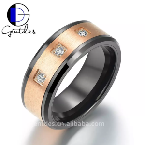 Tungsten Black And Rose gold Ring, 3 White CZ Wedding, Comfort Fit, Anniversary Ring, Wedding Band Men Ring