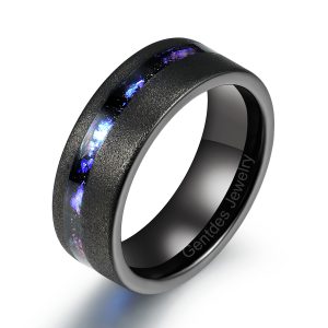 Couples Wedding Band, Blue Foil Sandstone Tungsten Ring, Black Ring, Band for Engagement