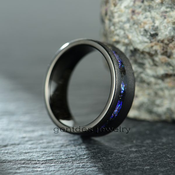 Couples Wedding Band, Blue Foil Sandstone Tungsten Ring, Black Ring, Band for Engagement - 图片 2