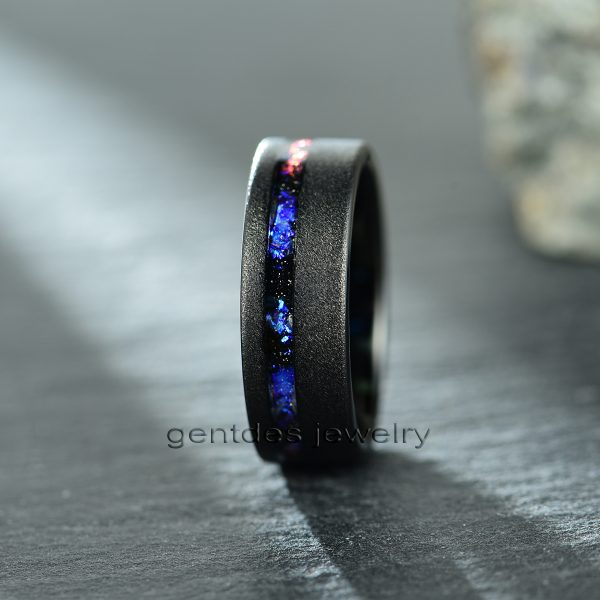 Couples Wedding Band, Blue Foil Sandstone Tungsten Ring, Black Ring, Band for Engagement - 图片 3