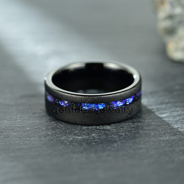 Couples Wedding Band, Blue Foil Sandstone Tungsten Ring, Black Ring, Band for Engagement - 图片 4