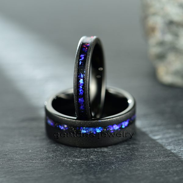 Couples Wedding Band, Blue Foil Sandstone Tungsten Ring, Black Ring, Band for Engagement - 图片 5