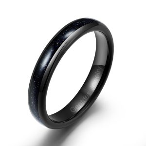 Nebula Ring, Black Womens Wedding Ring, Blue Sandstone Ring, 4MM Black Ring, Tungsten Ring