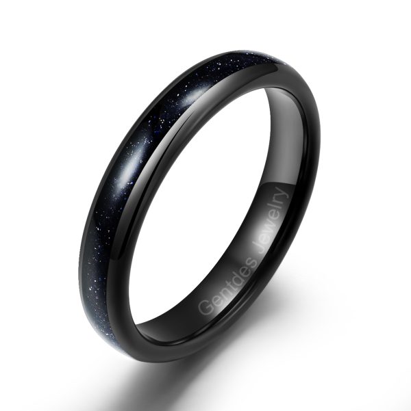 Nebula Ring, Black Womens Wedding Ring, Blue Sandstone Ring, 4MM Black Ring, Tungsten Ring