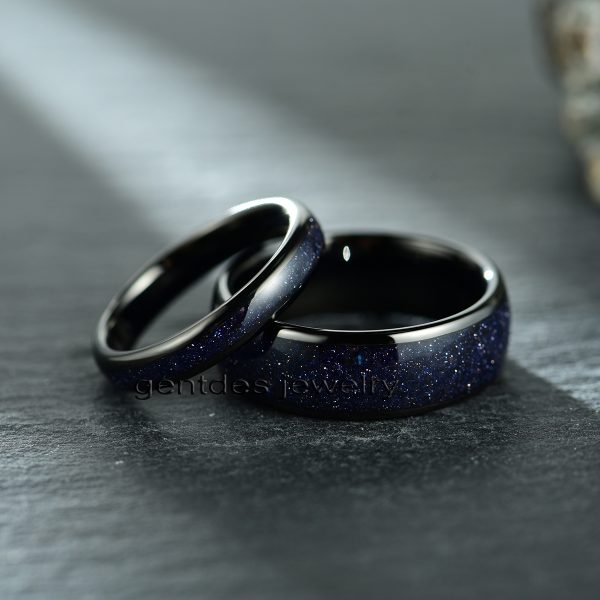 Nebula Ring, Black Womens Wedding Ring, Blue Sandstone Ring, 4MM Black Ring, Tungsten Ring - 图片 5