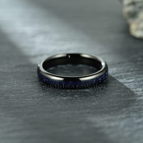 Nebula Ring, Black Womens Wedding Ring, Blue Sandstone Ring, 4MM Black Ring, Tungsten Ring - 图片 2