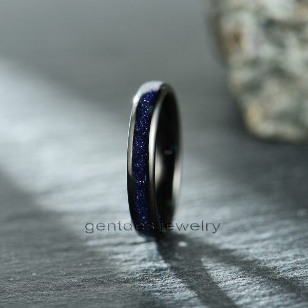 Nebula Ring, Black Womens Wedding Ring, Blue Sandstone Ring, 4MM Black Ring, Tungsten Ring - 图片 3