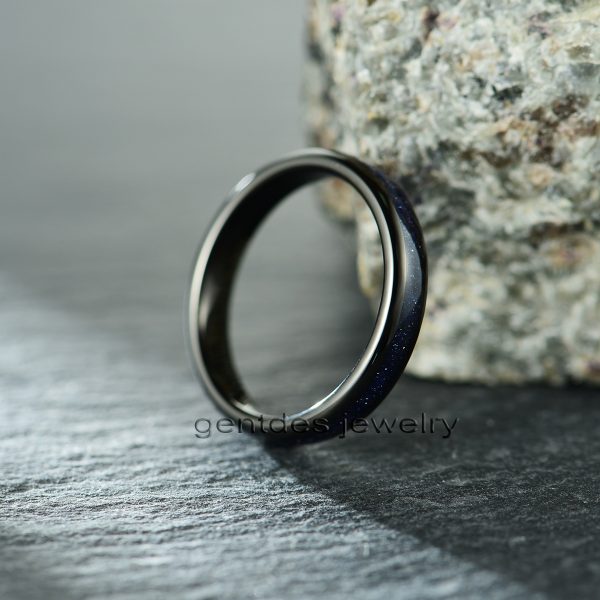 Nebula Ring, Black Womens Wedding Ring, Blue Sandstone Ring, 4MM Black Ring, Tungsten Ring - 图片 4