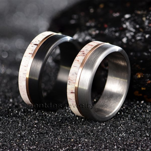 8MM Silver Ring,Antler Ring,Tungsten Carbide Ring,Men Wedding Bands,Rose Gold Plated - 图片 2