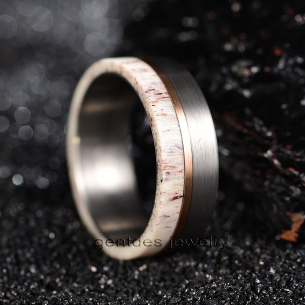 8MM Silver Ring,Antler Ring,Tungsten Carbide Ring,Men Wedding Bands,Rose Gold Plated - 图片 3