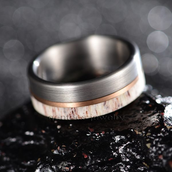 8MM Silver Ring,Antler Ring,Tungsten Carbide Ring,Men Wedding Bands,Rose Gold Plated - 图片 5