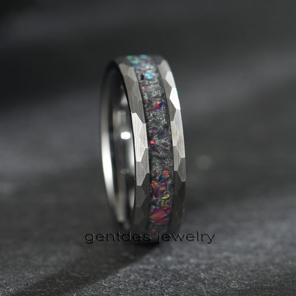 Tungsten Carbide Ring, Opal Ring, 6MM Silver Ring, Hammered Ring, Mens Wedding Bands Ring, Comfort Fit Ring - 图片 2