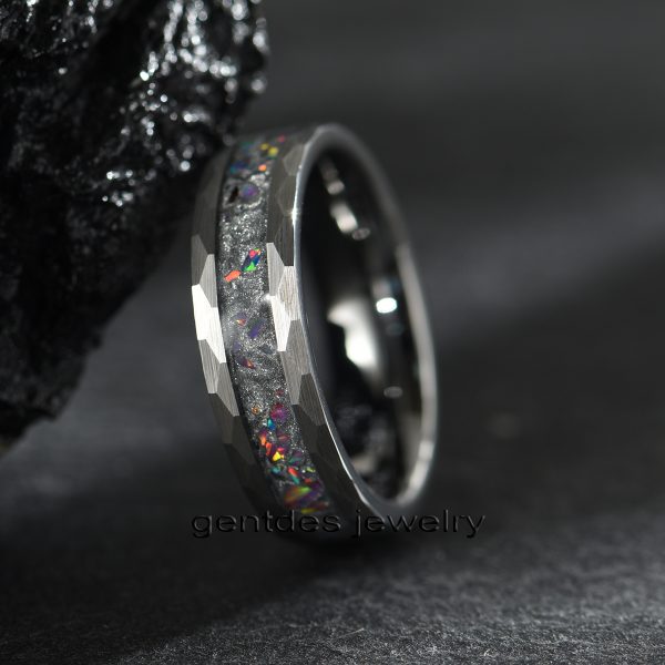 Tungsten Carbide Ring, Opal Ring, 6MM Silver Ring, Hammered Ring, Mens Wedding Bands Ring, Comfort Fit Ring - 图片 3