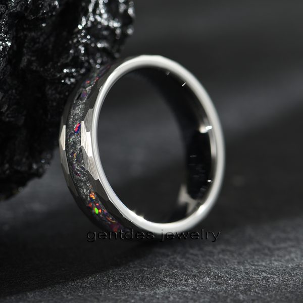Tungsten Carbide Ring, Opal Ring, 6MM Silver Ring, Hammered Ring, Mens Wedding Bands Ring, Comfort Fit Ring - 图片 4