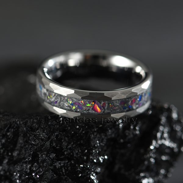 Tungsten Carbide Ring, Opal Ring, 6MM Silver Ring, Hammered Ring, Mens Wedding Bands Ring, Comfort Fit Ring - 图片 5