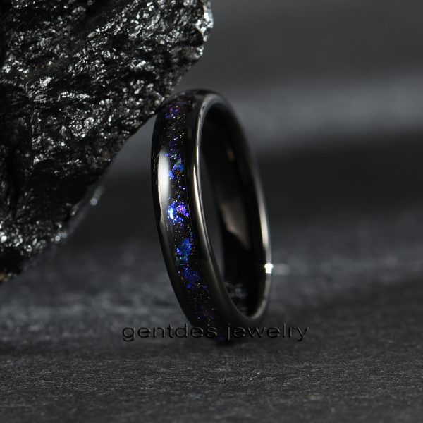 4mm Black High Polished Tungsten Ring, Inlaid With Purple Sandstone, Luxury Wedding Bands Ring, Men Comfort Ring - 图片 3