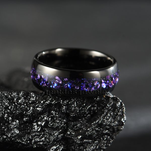 8mm Black High Polished Tungsten Ring, Inlaid With Purple Sandstone German Glass, Luxury Wedding Bands Ring, Men Comfort Ring - 图片 3