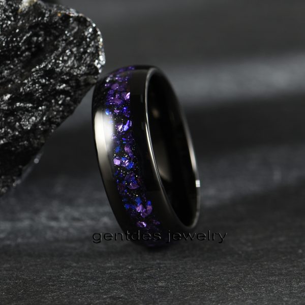 8mm Black High Polished Tungsten Ring, Inlaid With Purple Sandstone German Glass, Luxury Wedding Bands Ring, Men Comfort Ring - 图片 4