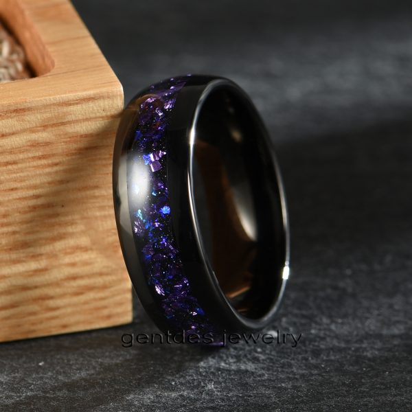 8mm Black High Polished Tungsten Ring, Inlaid With Purple Sandstone German Glass, Luxury Wedding Bands Ring, Men Comfort Ring - 图片 2