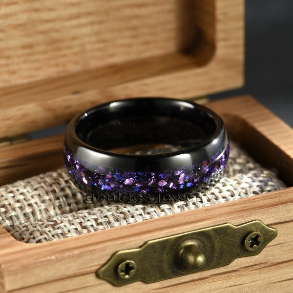 8mm Black High Polished Tungsten Ring, Inlaid With Purple Sandstone German Glass, Luxury Wedding Bands Ring, Men Comfort Ring - 图片 5