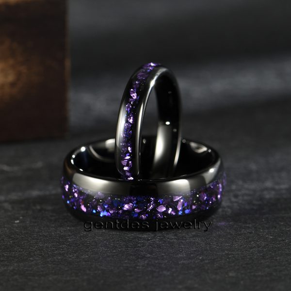 8mm Black High Polished Tungsten Ring, Inlaid With Purple Sandstone German Glass, Luxury Wedding Bands Ring, Men Comfort Ring - 图片 7