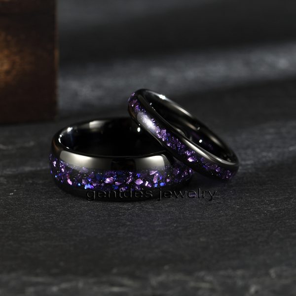 8mm Black High Polished Tungsten Ring, Inlaid With Purple Sandstone German Glass, Luxury Wedding Bands Ring, Men Comfort Ring - 图片 6