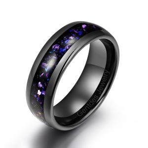 8mm Black High Polished Tungsten Ring, Inlaid With Purple Sandstone German Glass, Luxury Wedding Bands Ring, Men Comfort Ring