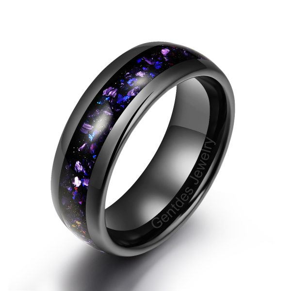 8mm Black High Polished Tungsten Ring, Inlaid With Purple Sandstone German Glass, Luxury Wedding Bands Ring, Men Comfort Ring