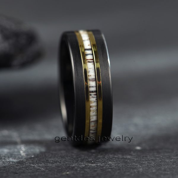 8MM Black Ring, Antler Ring,Brushed Tungsten Carbide Ring,Men Wedding Bands,Yellow Gold Plated Wedding Ring - 图片 2