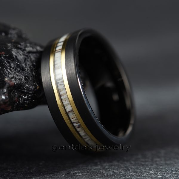 8MM Black Ring, Antler Ring,Brushed Tungsten Carbide Ring,Men Wedding Bands,Yellow Gold Plated Wedding Ring - 图片 3