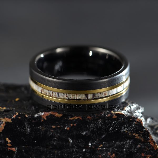 8MM Black Ring, Antler Ring,Brushed Tungsten Carbide Ring,Men Wedding Bands,Yellow Gold Plated Wedding Ring - 图片 4