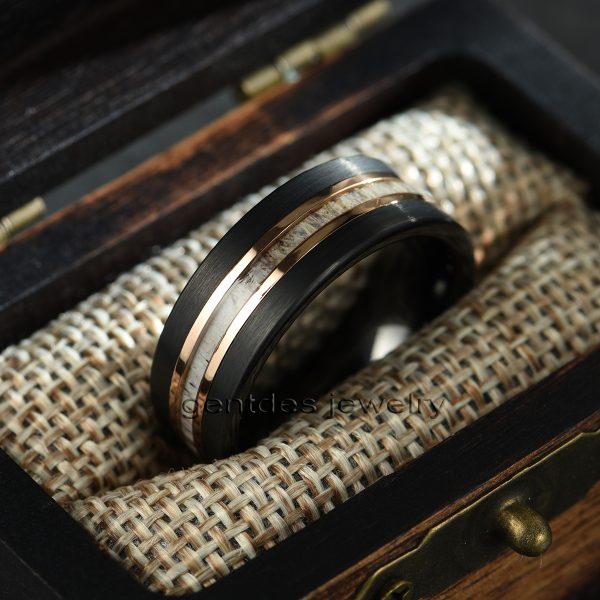 8MM Black Ring, Antler Ring,Brushed Tungsten Carbide Ring,Men Wedding Bands,Yellow Gold Plated Wedding Ring - 图片 5