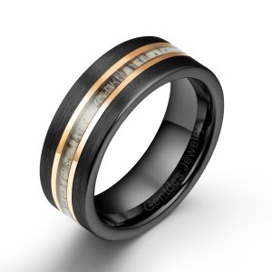 8MM Black Ring, Antler Ring,Brushed Tungsten Carbide Ring,Men Wedding Bands, Rose Gold Plated Wedding Ring