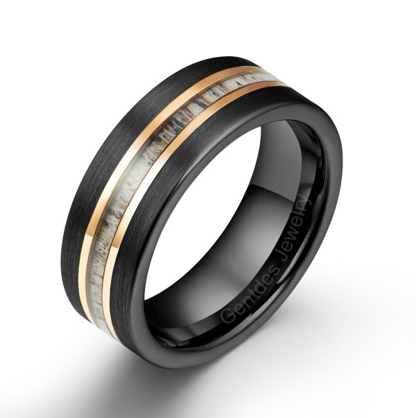 8MM Black Ring, Antler Ring,Brushed Tungsten Carbide Ring,Men Wedding Bands, Rose Gold Plated Wedding Ring