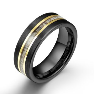 8MM Black Ring, Antler Ring,Brushed Tungsten Carbide Ring,Men Wedding Bands,Yellow Gold Plated Wedding Ring