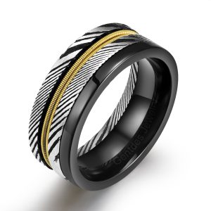 8MM Black Titanium Ring, Two Gold Guitar String, Men Wedding Bands,Yellow Gold Plated Wedding Ring Damascus Ring