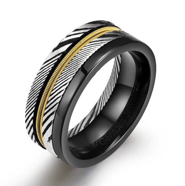 8MM Black Titanium Ring, Two Gold Guitar String, Men Wedding Bands,Yellow Gold Plated Wedding Ring Damascus Ring