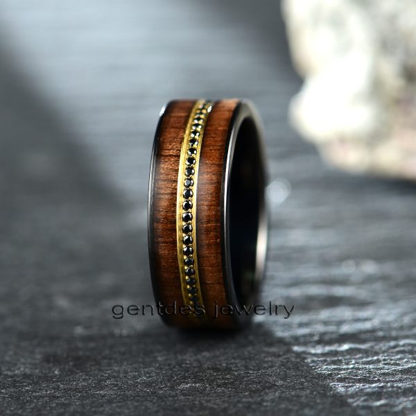 Titanium Ring Black, Black CZ Stone Ring, American Walnut Ring, Mens Wedding Ring, Mens Engagement Ring - 图片 5