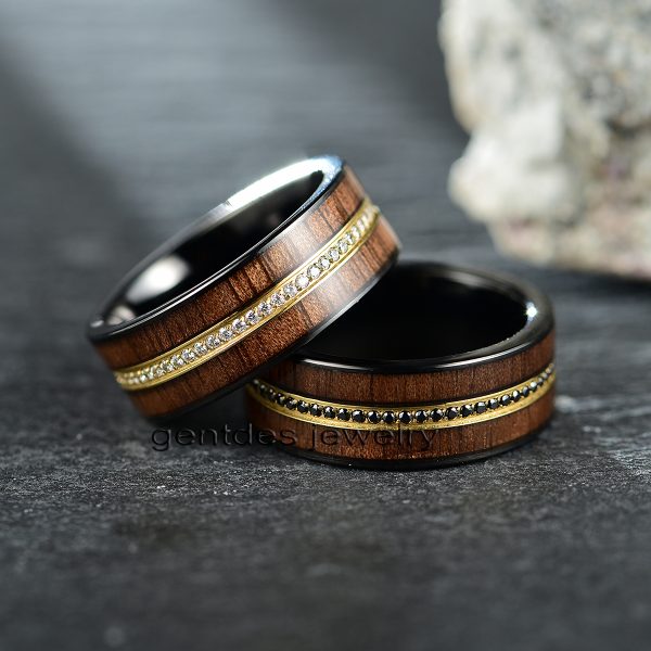 Titanium Ring Black, Black CZ Stone Ring, American Walnut Ring, Mens Wedding Ring, Mens Engagement Ring - 图片 2