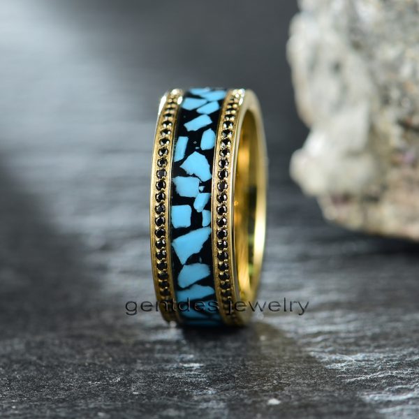 Gold Titanium Ring, Crushed Turquoise Ring, Paved Black Cz Stone Ring, Luxury Wedding Bands Ring, Men Comfort Ring - 图片 3