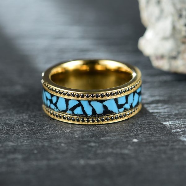 Gold Titanium Ring, Crushed Turquoise Ring, Paved Black Cz Stone Ring, Luxury Wedding Bands Ring, Men Comfort Ring - 图片 4