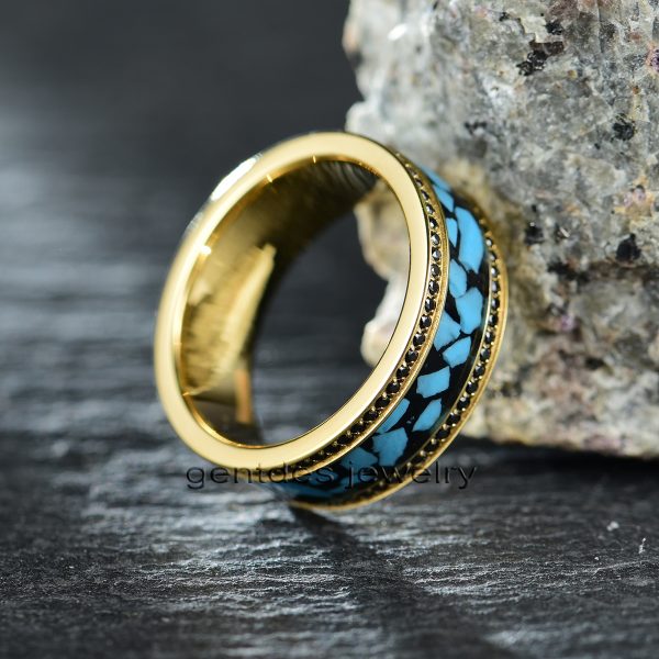 Gold Titanium Ring, Crushed Turquoise Ring, Paved Black Cz Stone Ring, Luxury Wedding Bands Ring, Men Comfort Ring - 图片 2